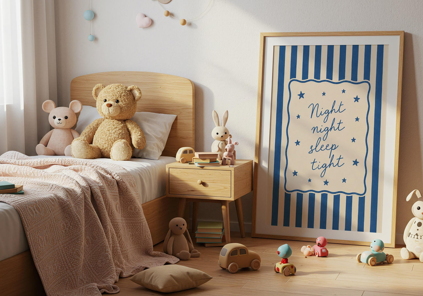 Gender neutral nursery decor with blue striped wall art.
