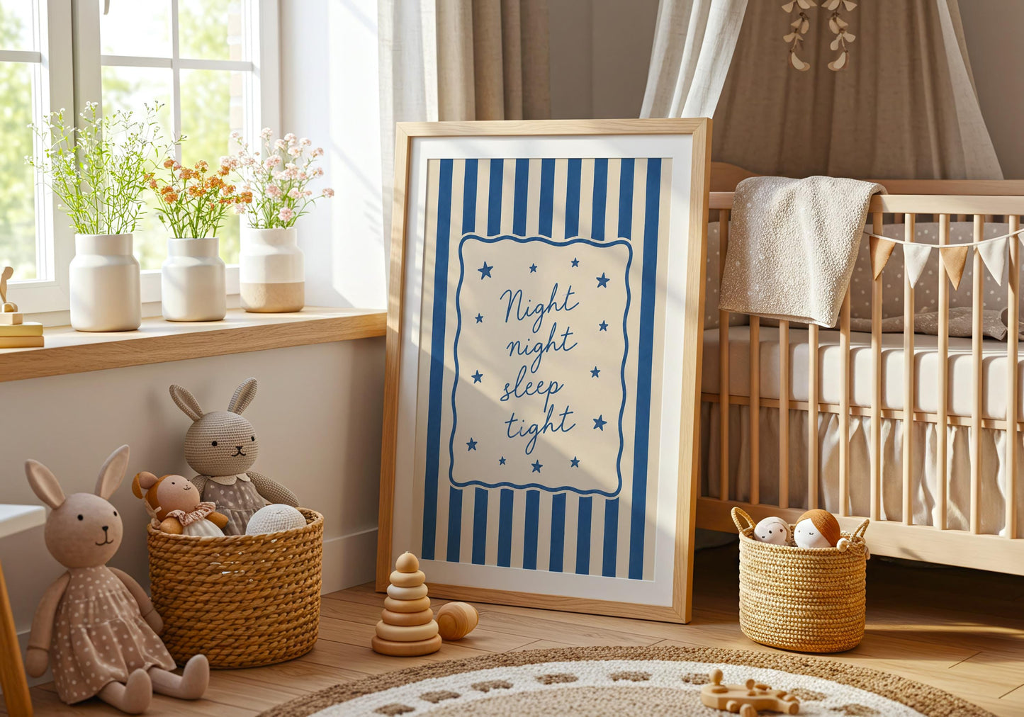 Blue nursery wall decor with Night Night Sleep Tight wording.