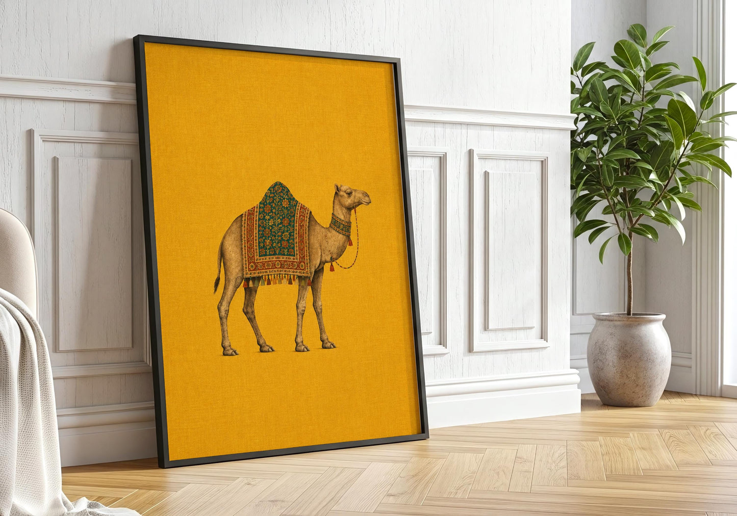 Indian-inspired camel art print in warm mustard, deep teal and earthy brown tones with decorative textile details.