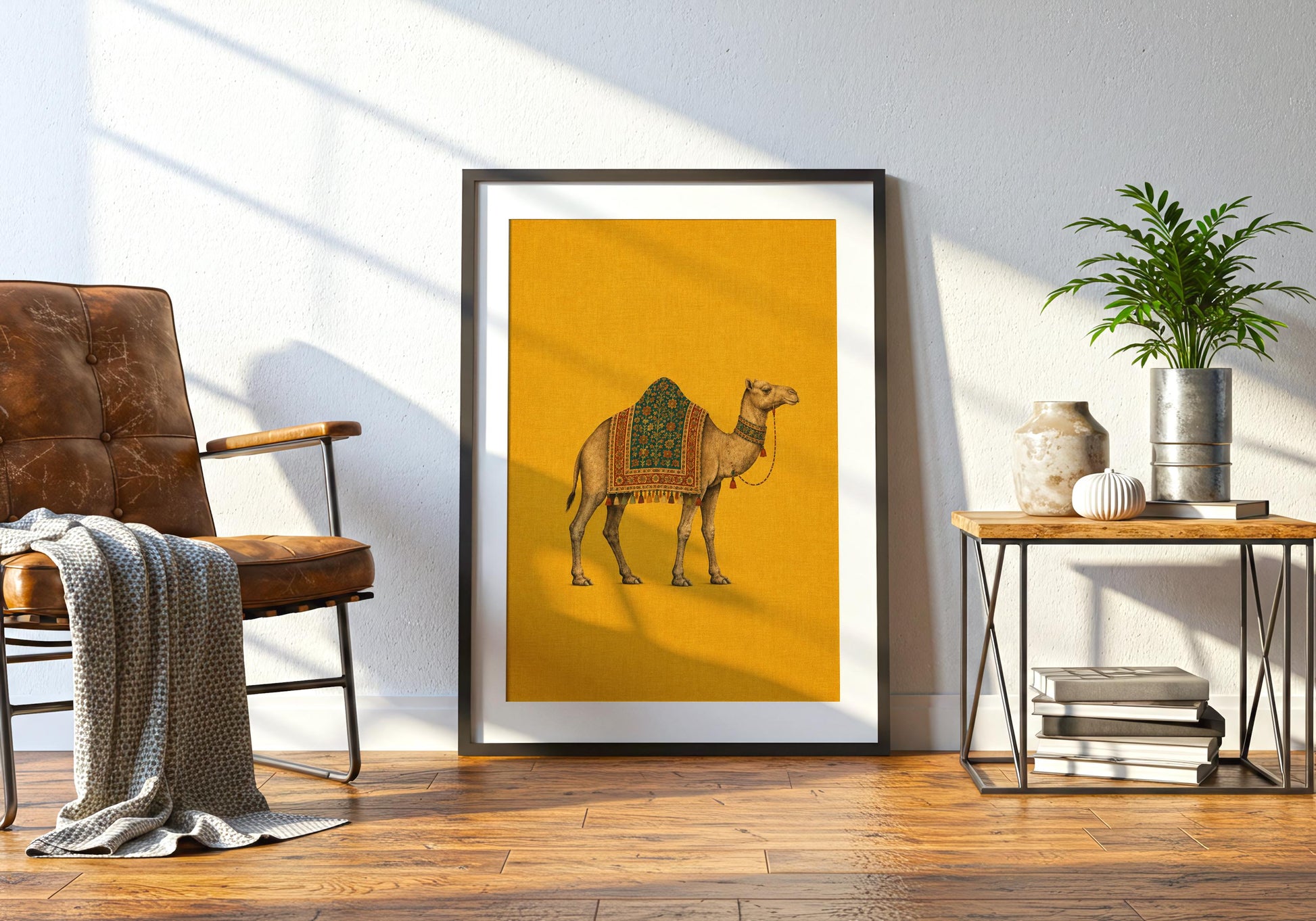 Travel-inspired wall print with a vintage illustrated camel, decorative saddle cloth and warm earthy colour palette.
