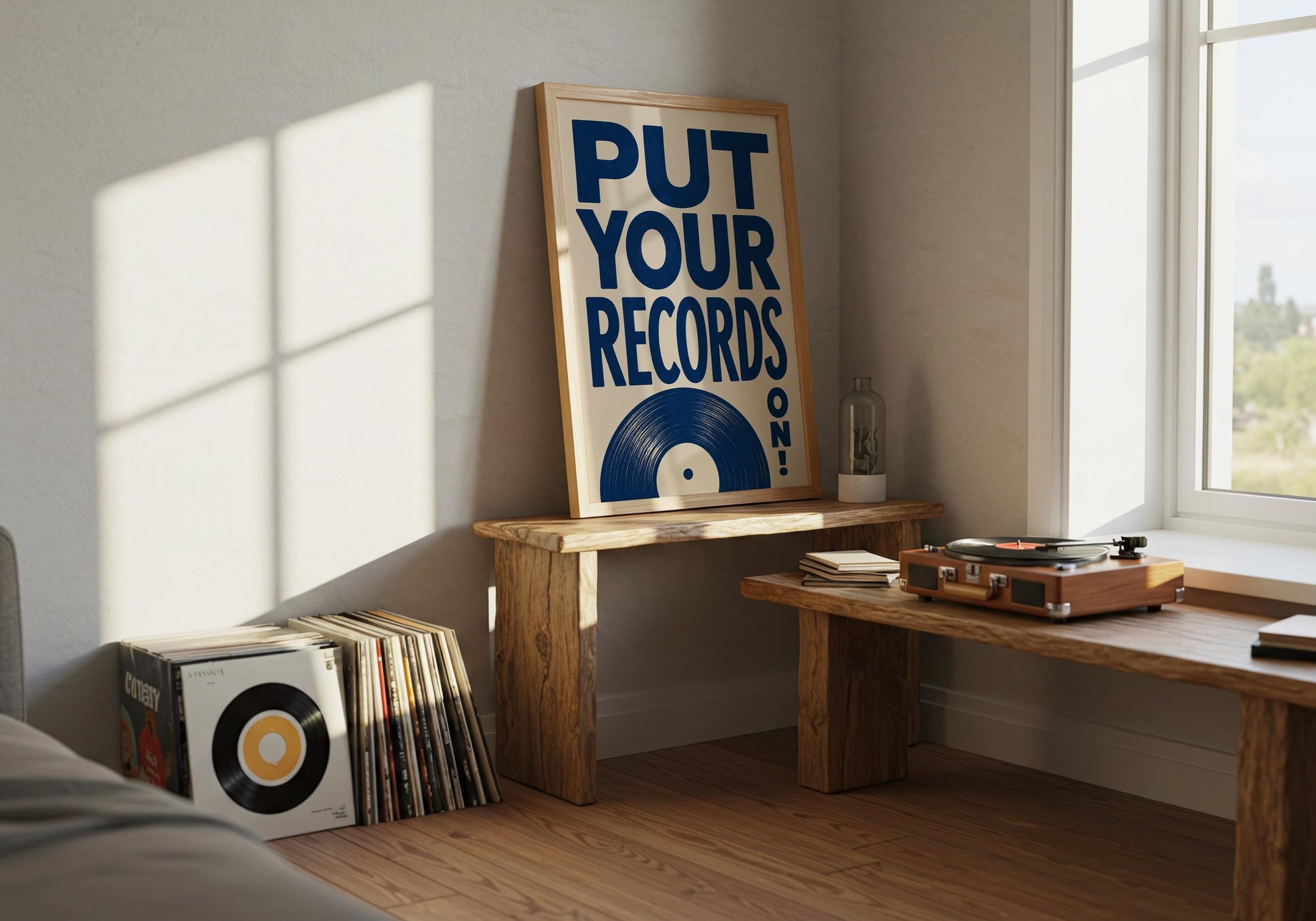 Listening lounge wall art with vintage record design.