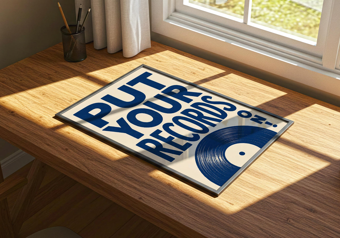 Music studio wall print featuring oversized typography and blue vinyl graphic.