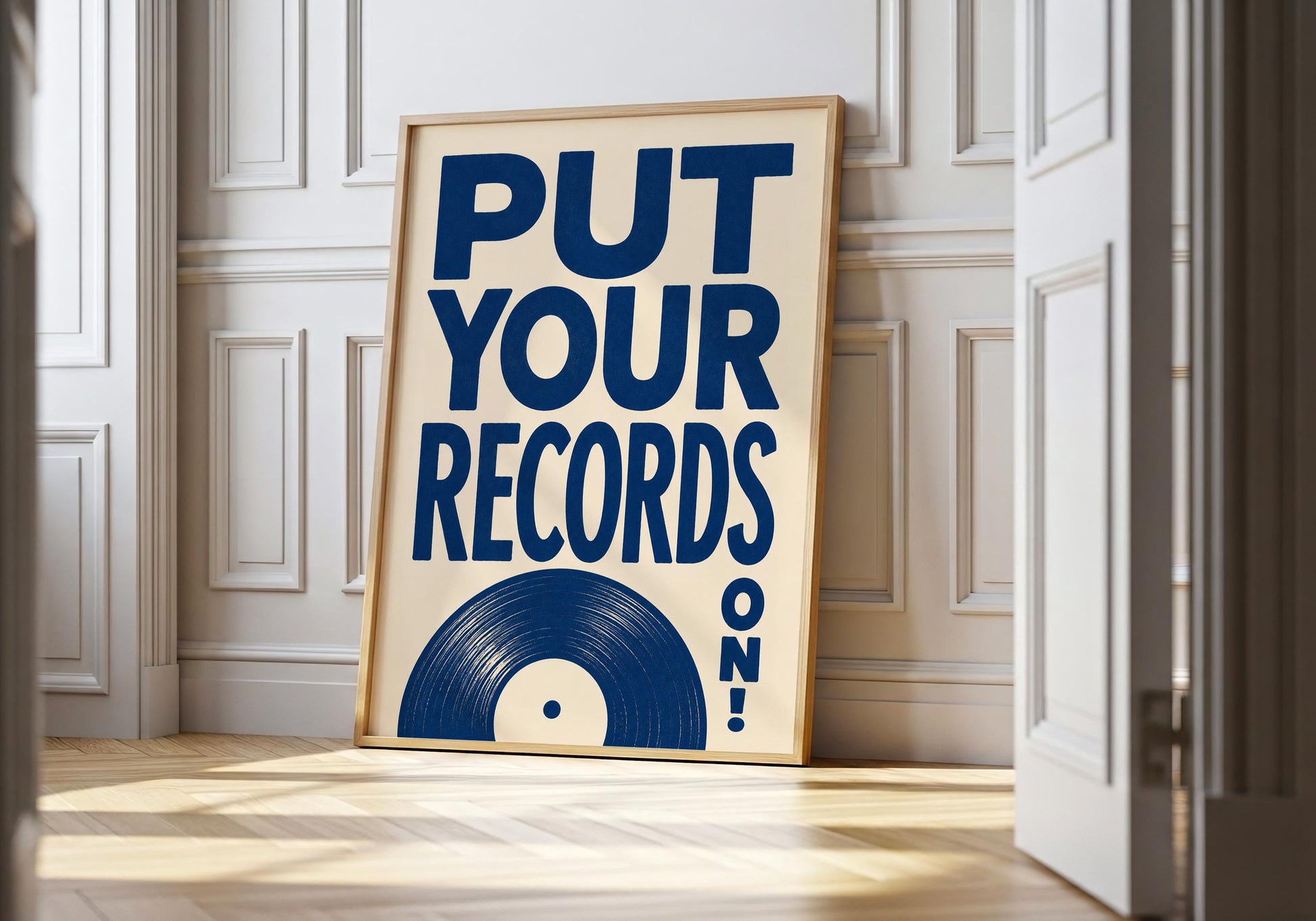Retro record corner wall art with bold typography and vinyl record illustration.