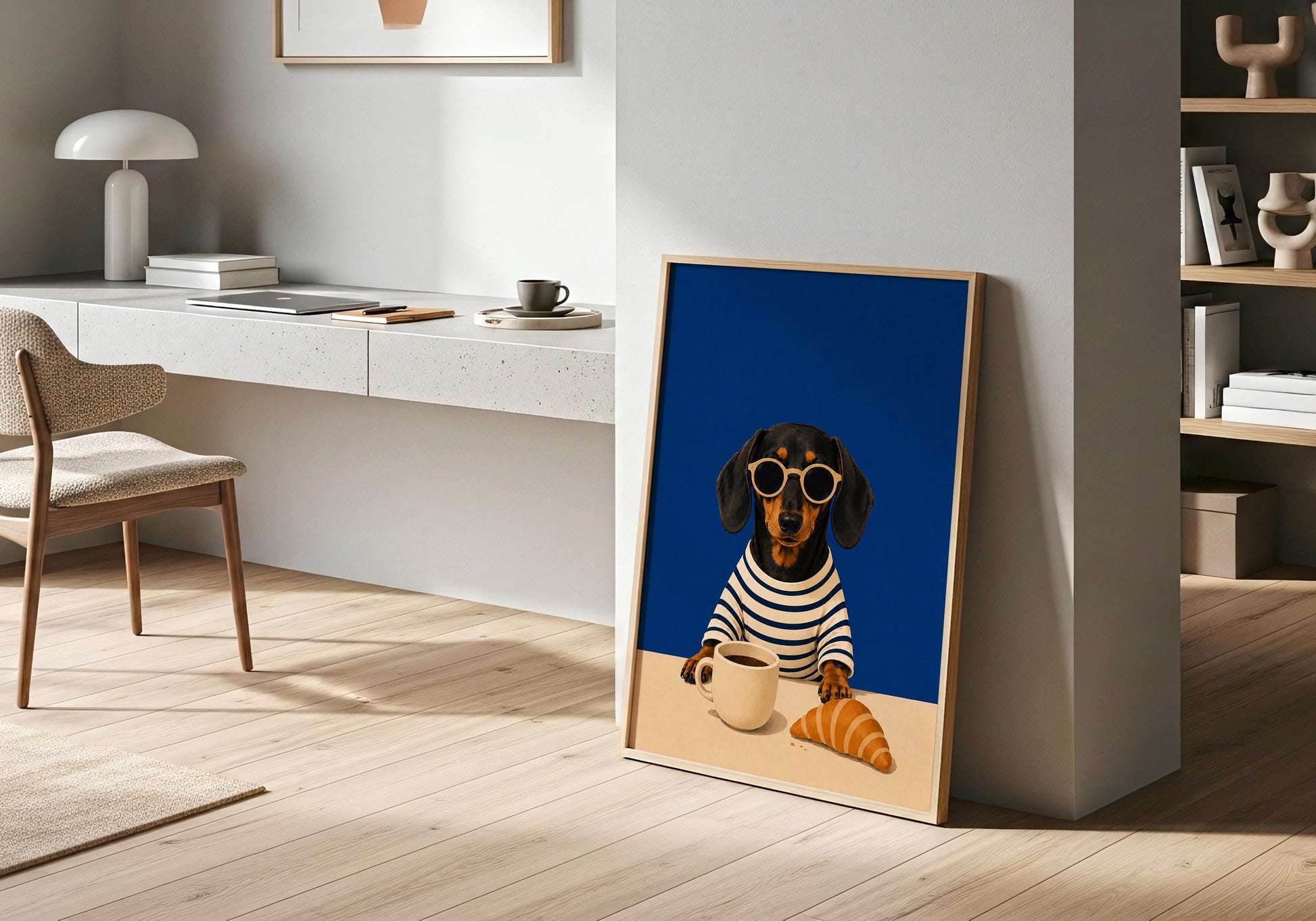Coffee bar wall art featuring a fashionable Dachshund.