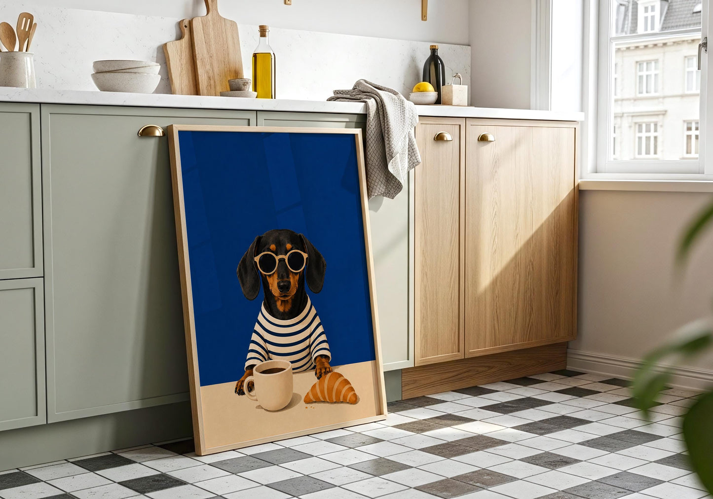Sausage dog artwork for coffee lovers and pet owners.