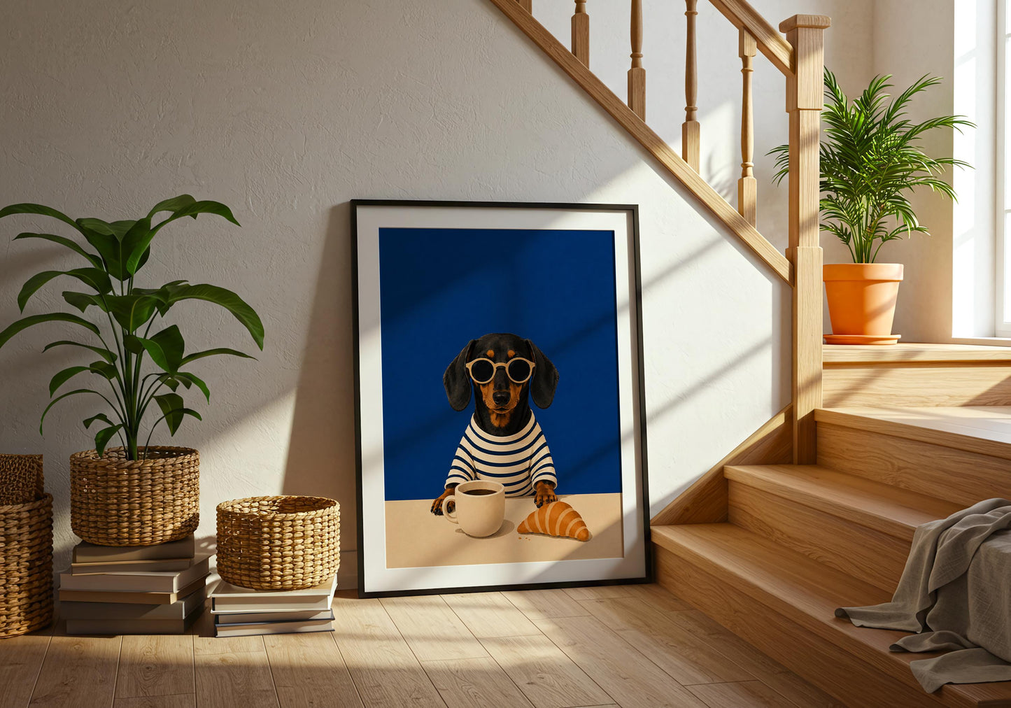 Cute Dachshund print for breakfast nooks and home cafés.