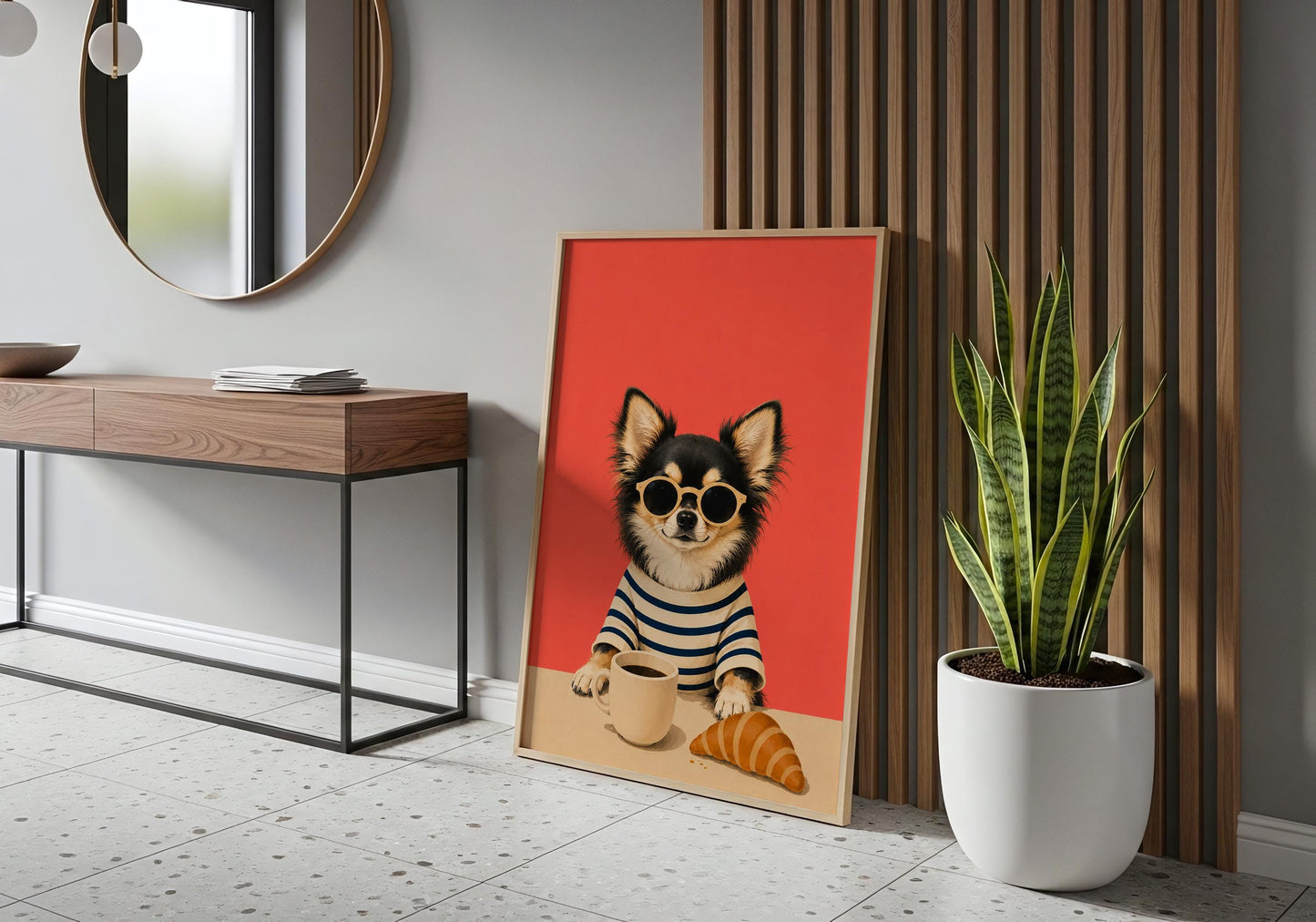 Cute Chihuahua poster with striped shirt and breakfast coffee illustration.