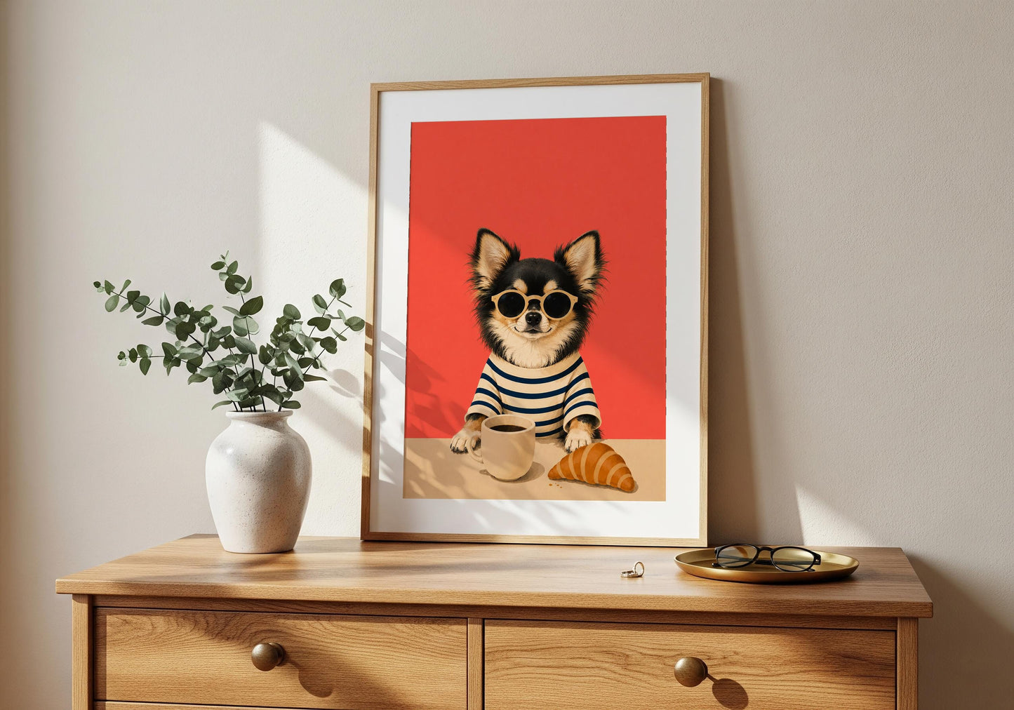 Coffee bar wall decor featuring a stylish Chihuahua.