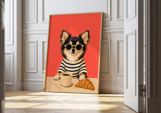 Chihuahua coffee print featuring a cute dog wearing sunglasses with a coffee mug and croissant.