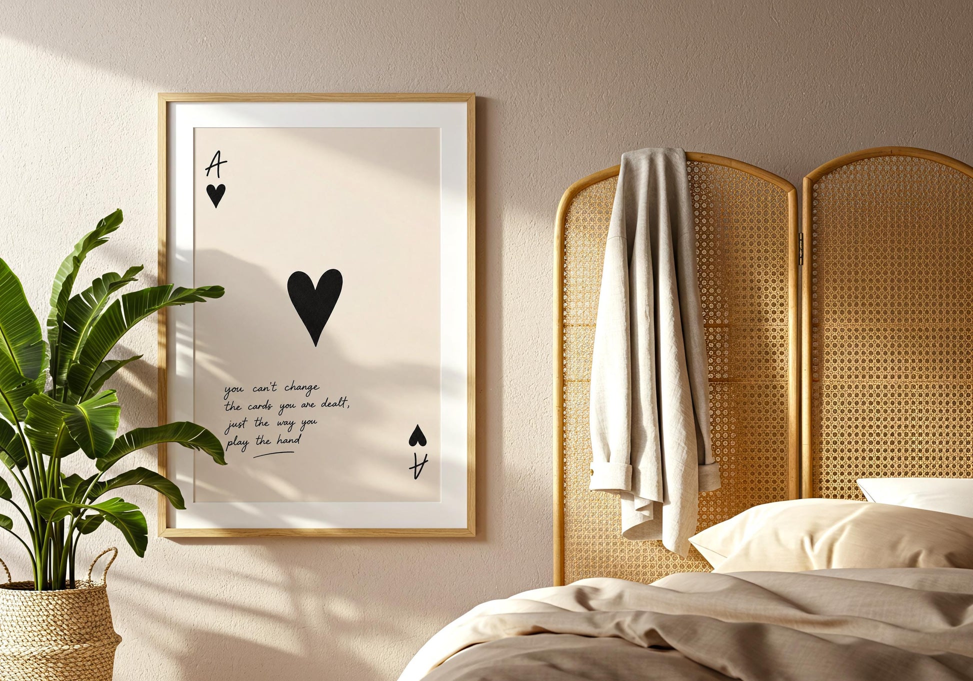 Neutral home décor featuring Ace of Spades typography artwork.