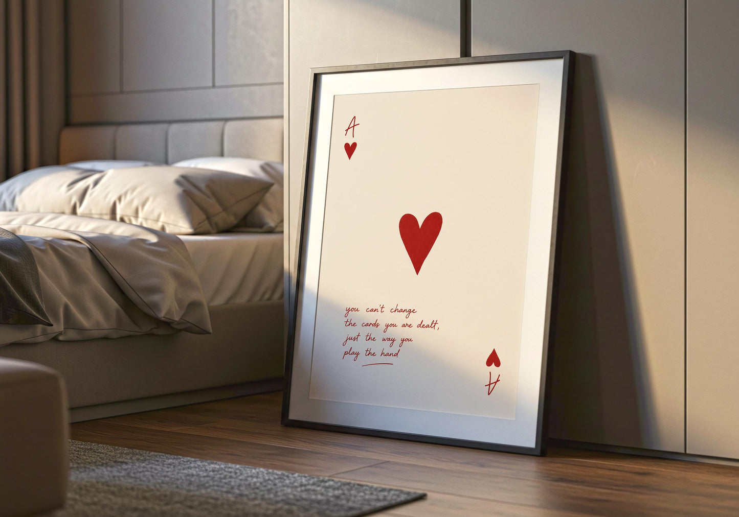Romantic typography wall art featuring a playing card heart design.
