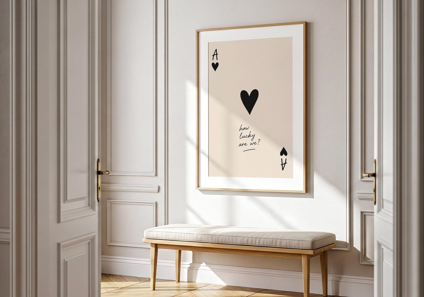 Romantic bedroom artwork with How Lucky Are We quote.