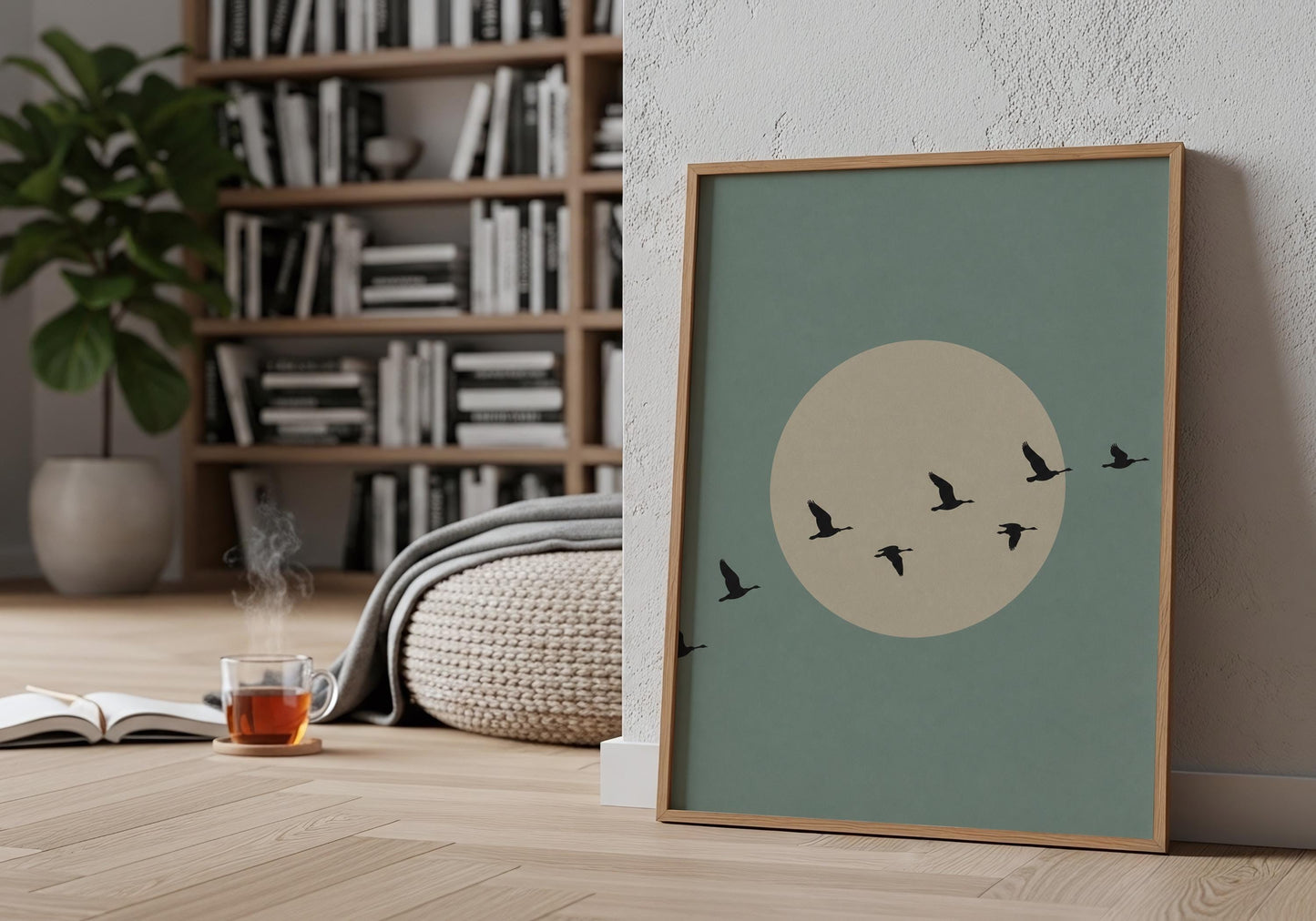 Scandinavian bird poster with neutral green tones.