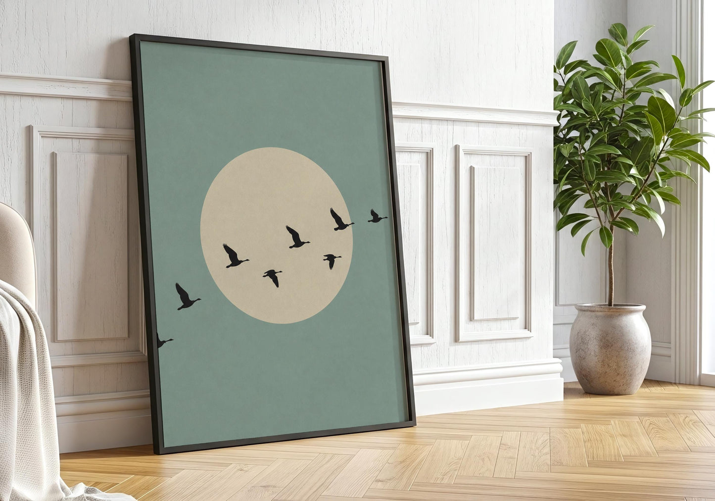 Japandi nature print featuring flying birds.