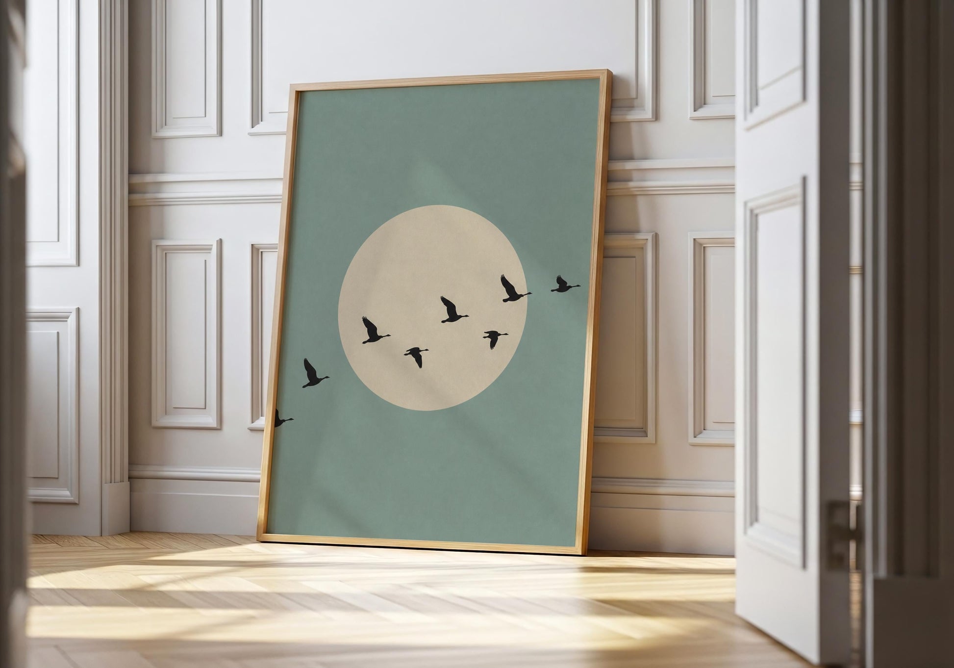 Sage green bird wall art with minimalist moon design.