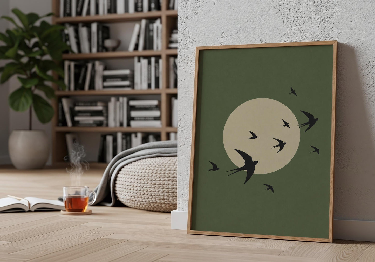 Zen wall decor with bird silhouettes and moon.