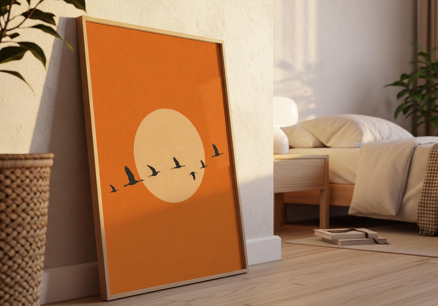 Terracotta minimalist bird silhouette artwork.