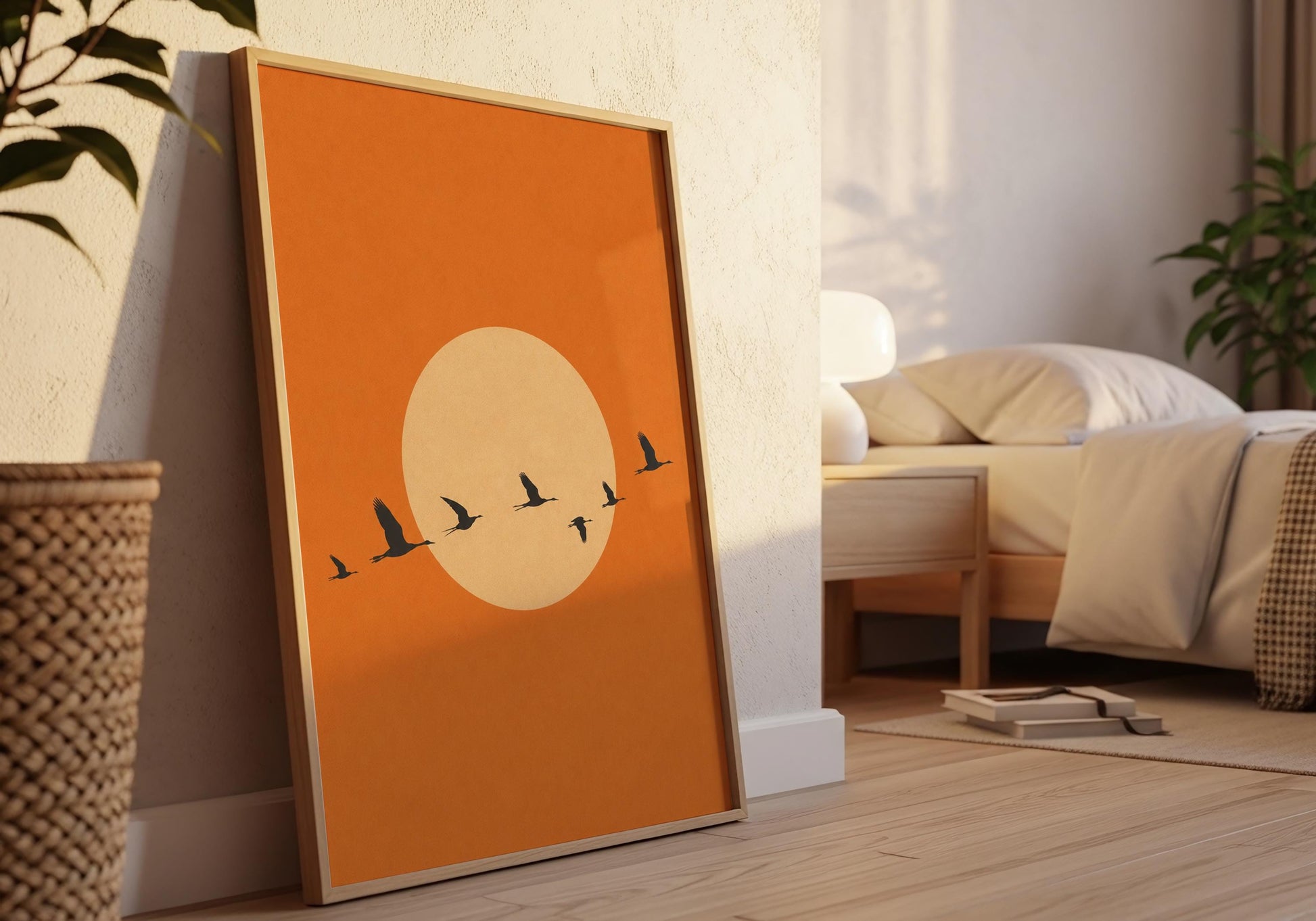 Terracotta minimalist bird silhouette artwork.