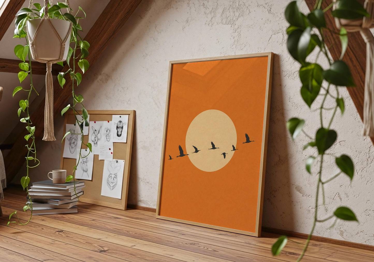 Warm orange living room wall art.