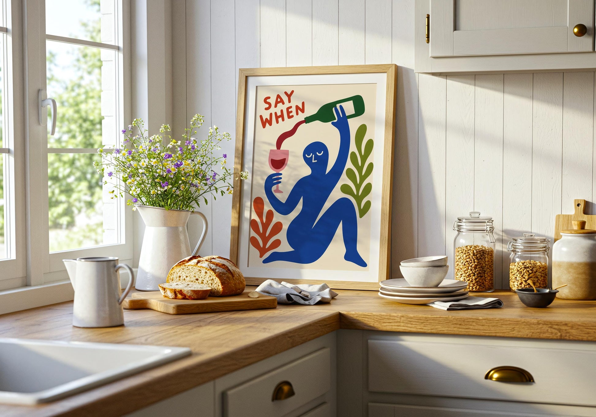 Maximalist kitchen wall art featuring wine lover design.
