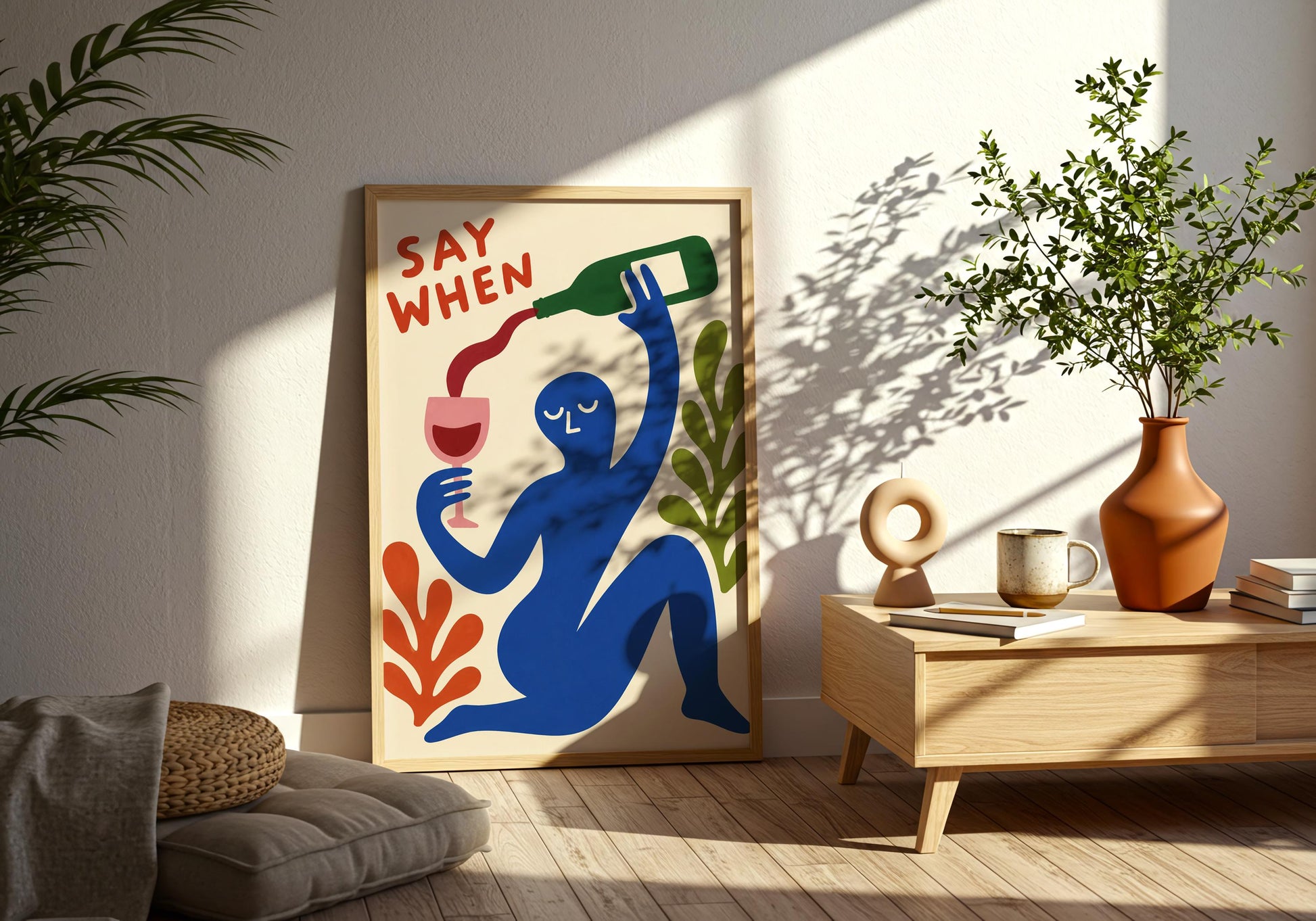 Abstract wine artwork with bold blue figure.