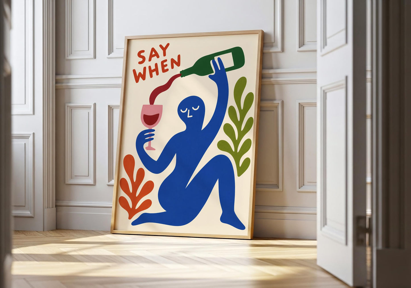 Funny wine wall art with colourful abstract figure pouring wine.