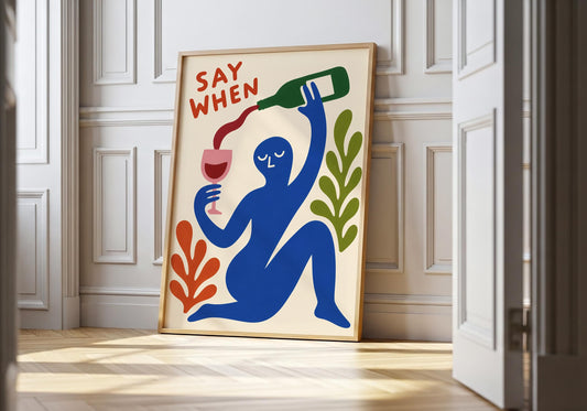 Funny wine wall art with colourful abstract figure pouring wine.