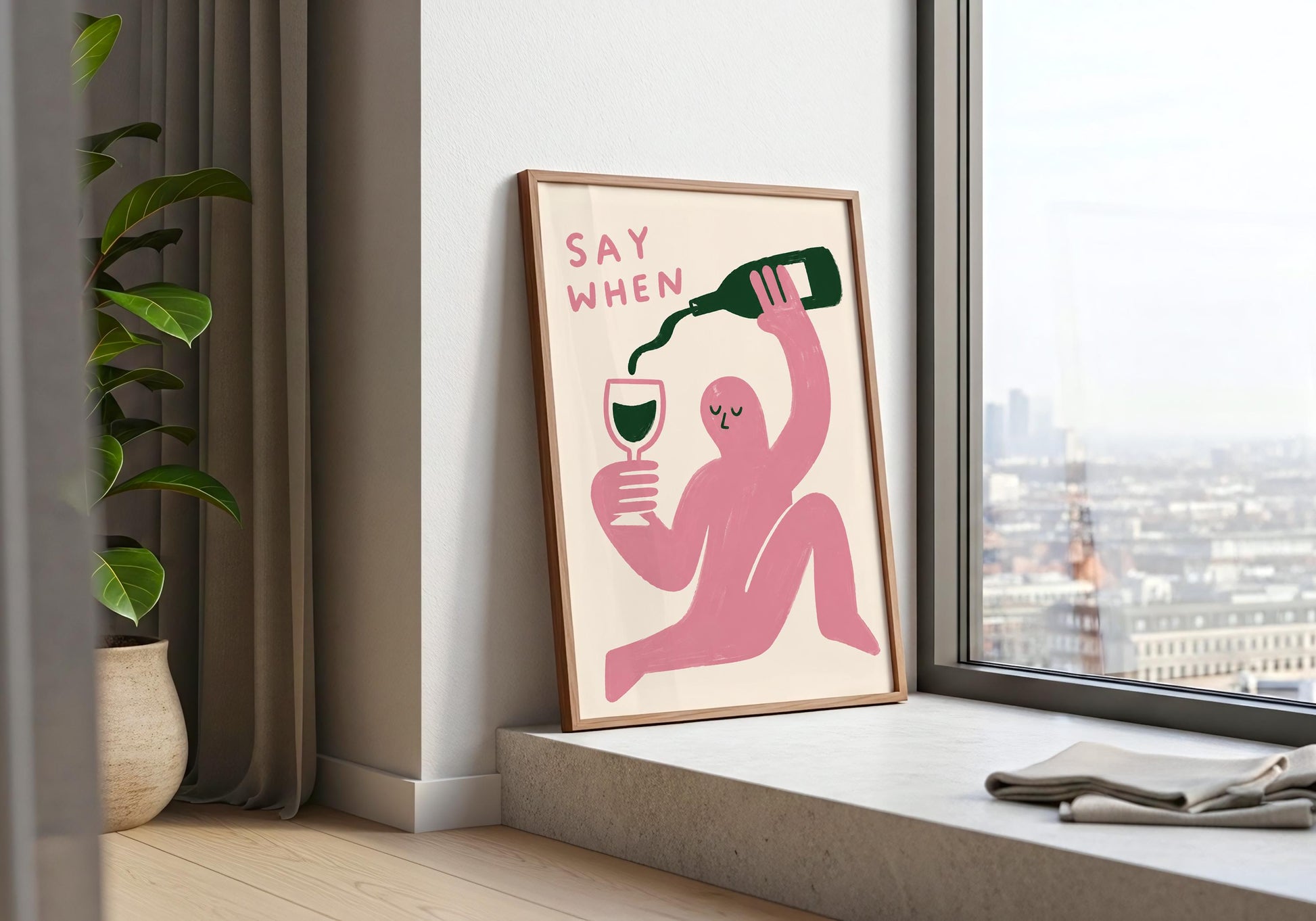 Pink bar cart wall art for wine lovers.