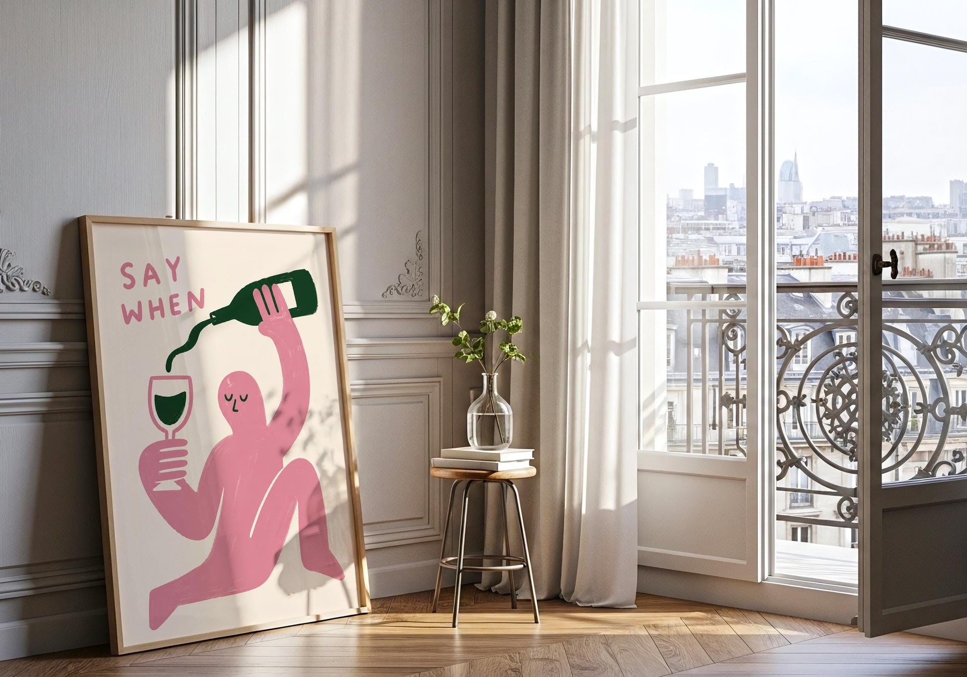Soft pink kitchen decor with playful design.