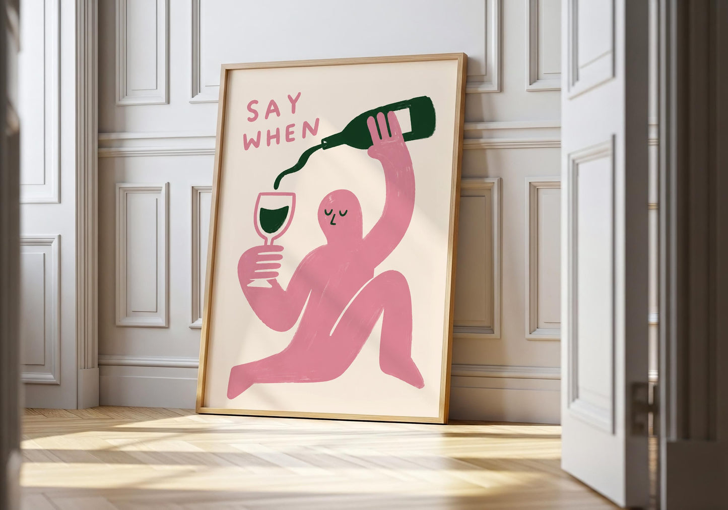 Pink wine wall art with abstract figure pouring wine.