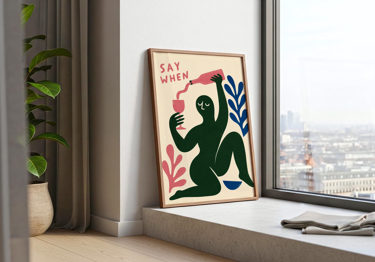 Minimalist abstract poster with modern graphic figure and wine bottle, designed for stylish gallery walls and contemporary home décor.