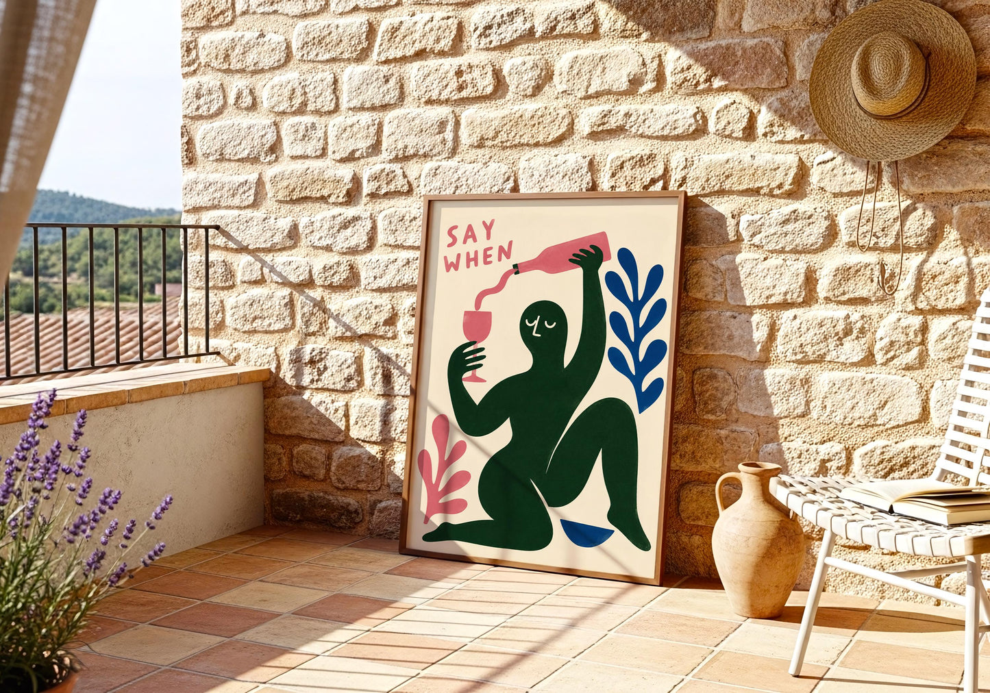 Scandinavian inspired abstract wall art featuring a colourful wine illustration and organic shapes for modern apartment décor.