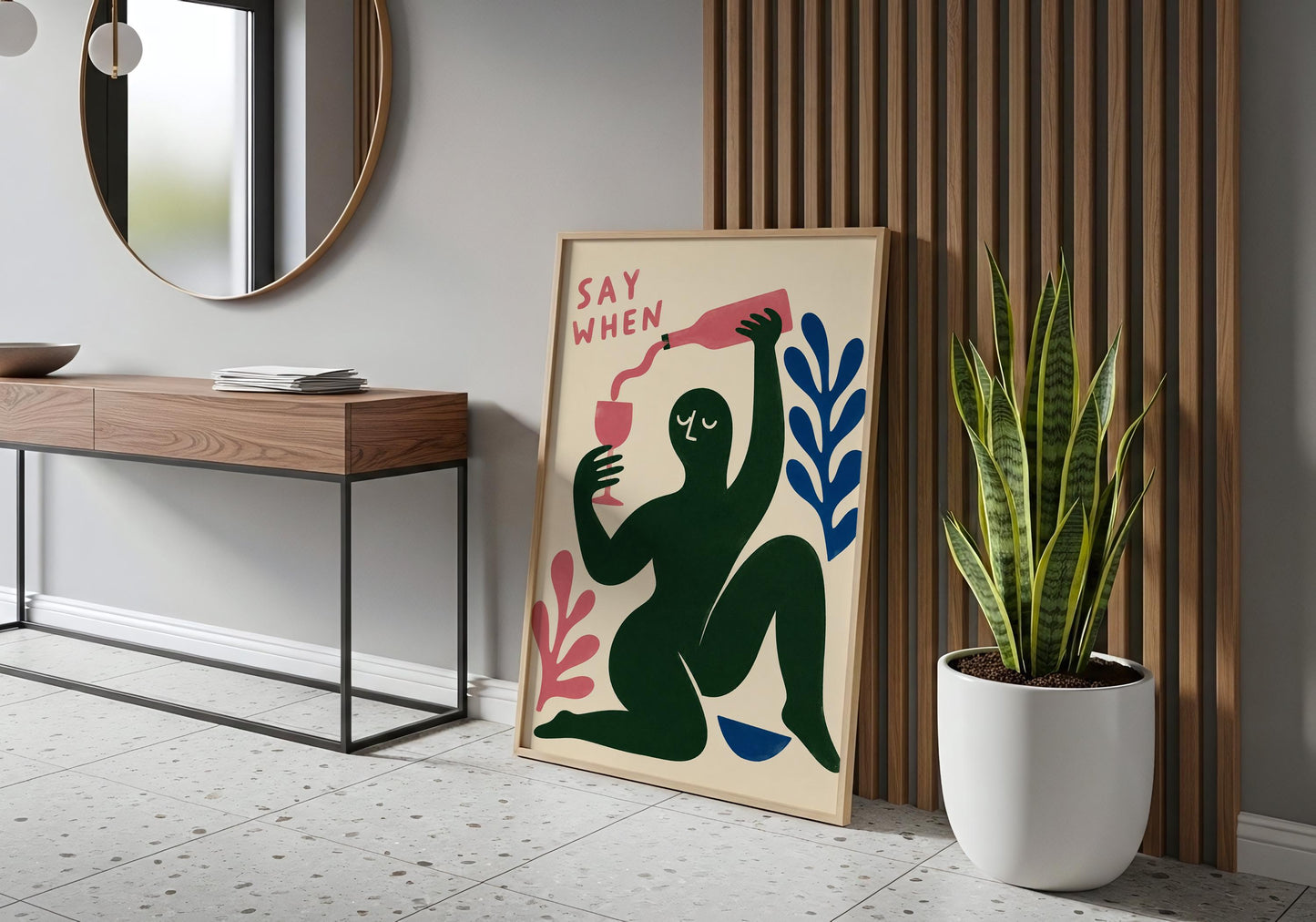 Abstract wine art print featuring a contemporary figure illustration in bold colours, perfect for eclectic living room or dining room décor.