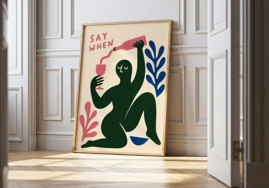 Colourful abstract figure wall art print featuring a minimalist person pouring wine, perfect for modern kitchen, dining room or living room décor.