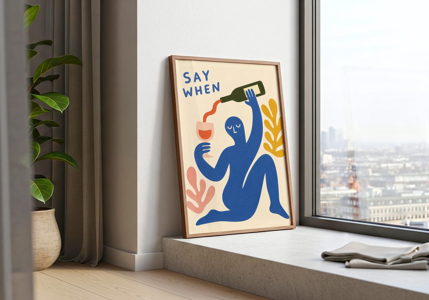 Minimalist abstract kitchen print featuring bold colours, wine bottle illustration and contemporary gallery wall aesthetic.