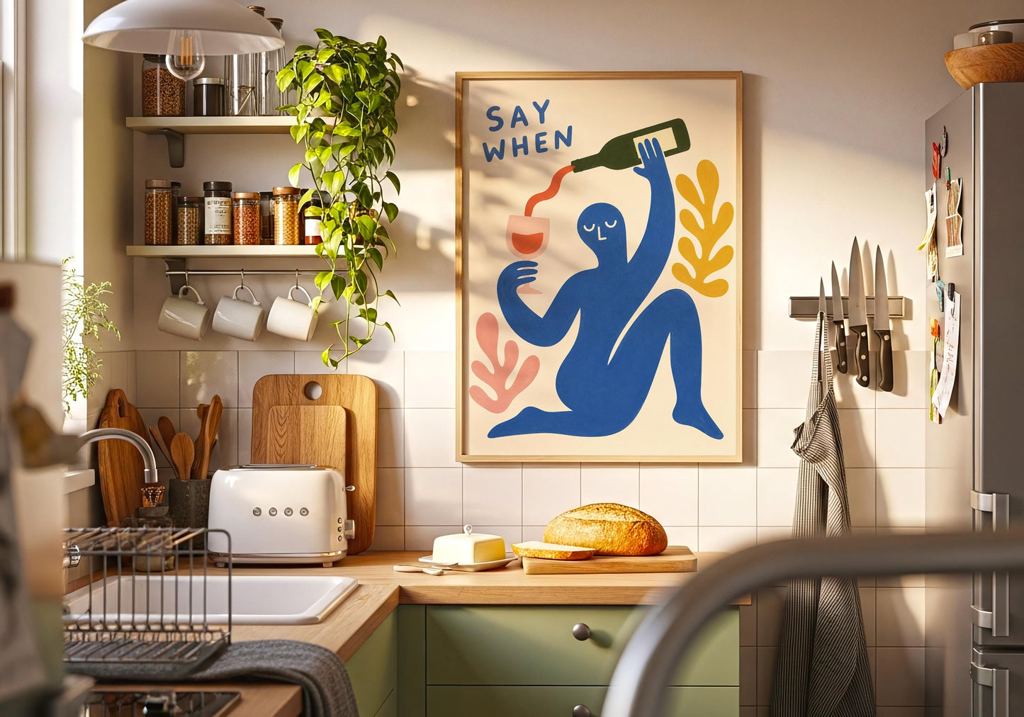 Graphic abstract wall art with colourful wine illustration and Scandinavian-inspired design for living room or dining room styling.