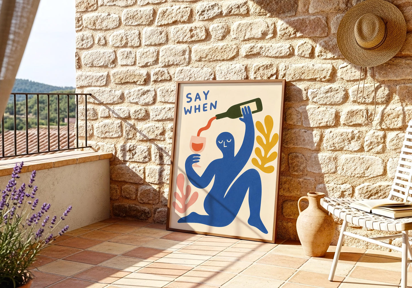 Fun wine wall art print with modern abstract figure pouring wine, ideal as a housewarming gift or kitchen decoration.