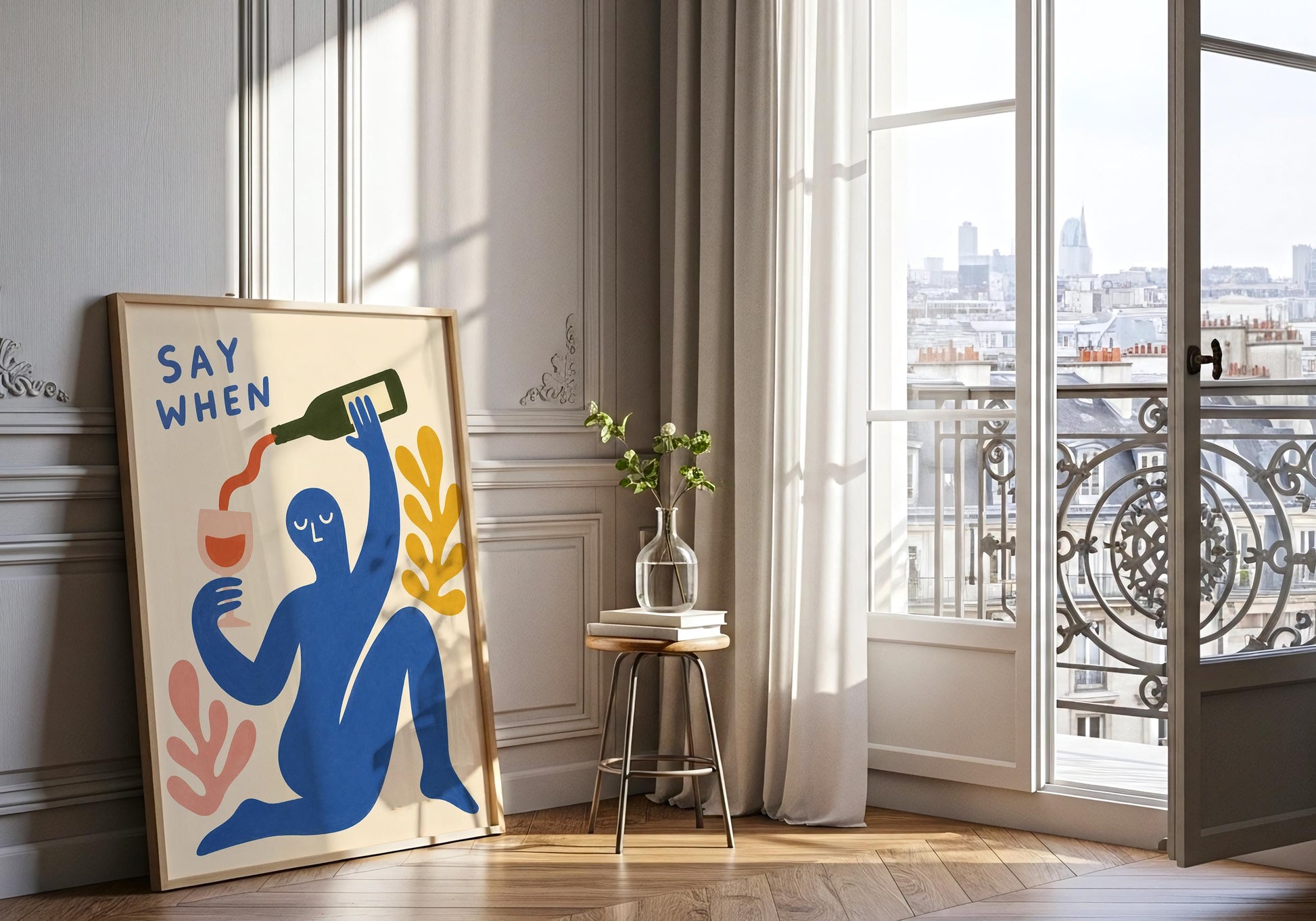 Colourful contemporary wall art with abstract wine theme, modern figure illustration and botanical elements for stylish home décor.