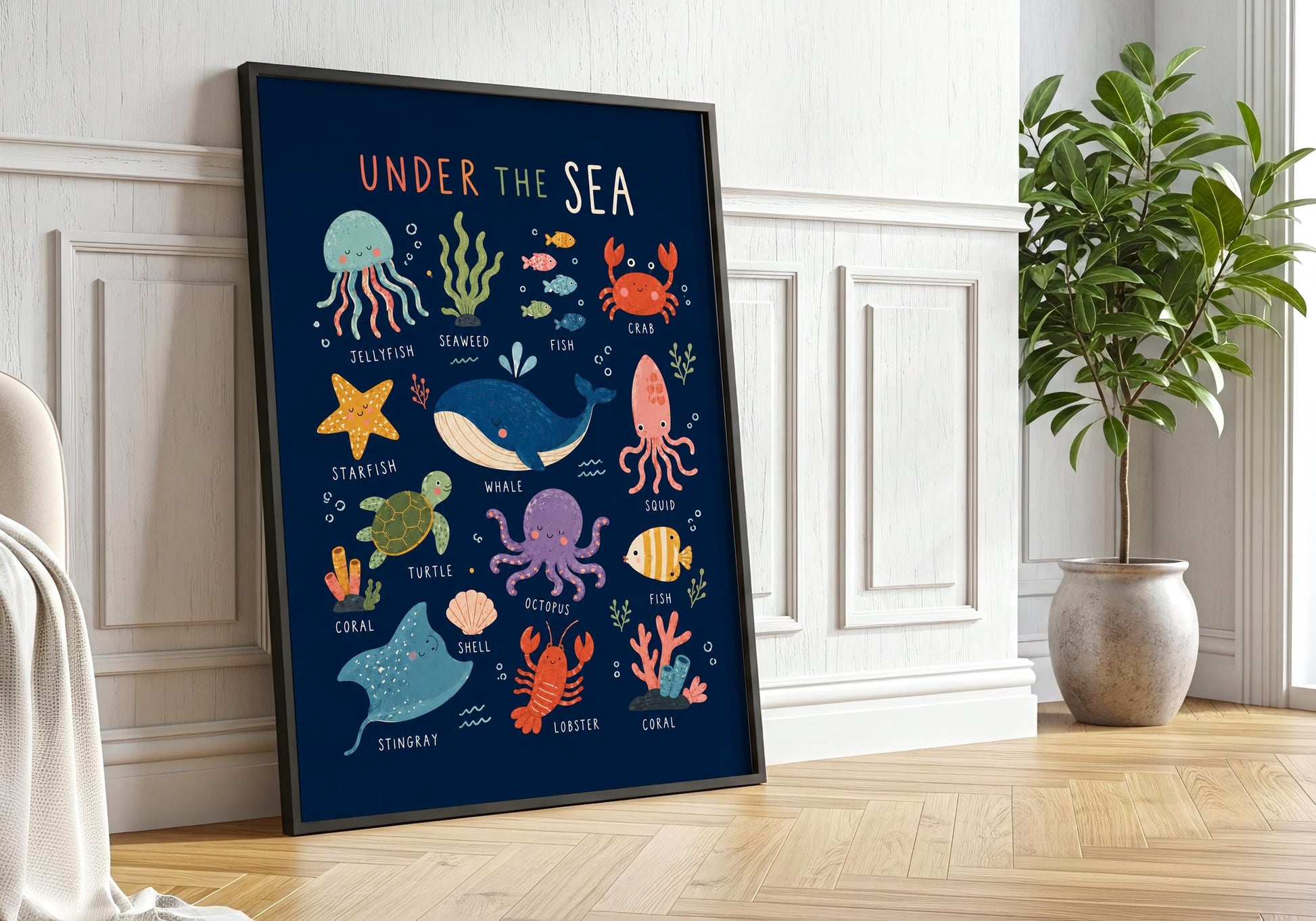 Ocean nursery wall art featuring a whale, jellyfish, crab, octopus, turtle, fish and other labelled sea creatures.