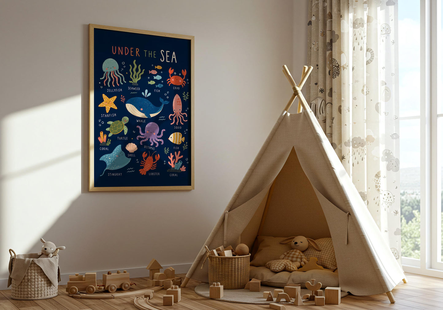 Under the sea kids room decor in navy, coral, aqua, yellow, green and lavender with illustrated marine life.