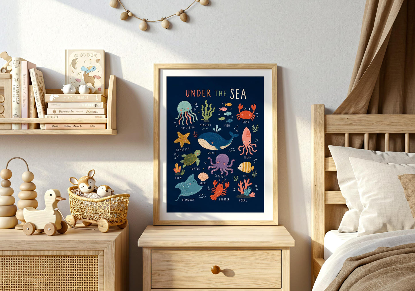 Navy blue nursery poster featuring playful whale, octopus, jellyfish, turtle, starfish, squid and fish illustrations.