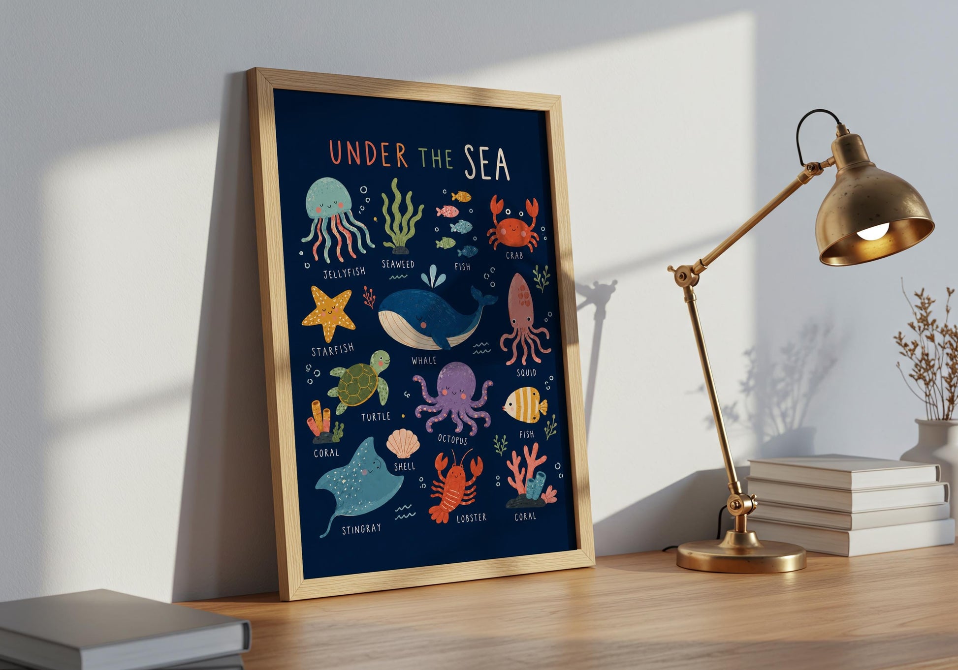 Educational ocean animal wall art for a nursery, toddler bedroom, preschool or children's playroom.