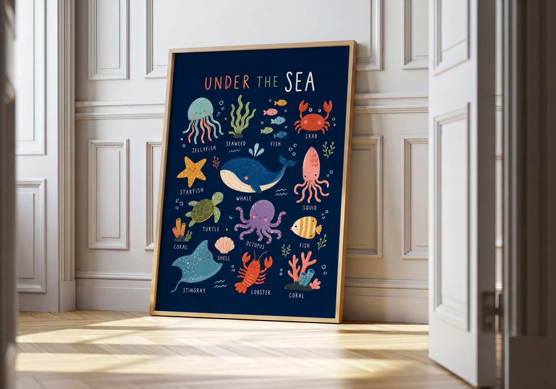 Under the Sea children's art print with colourful illustrated ocean animals on a deep navy blue background.