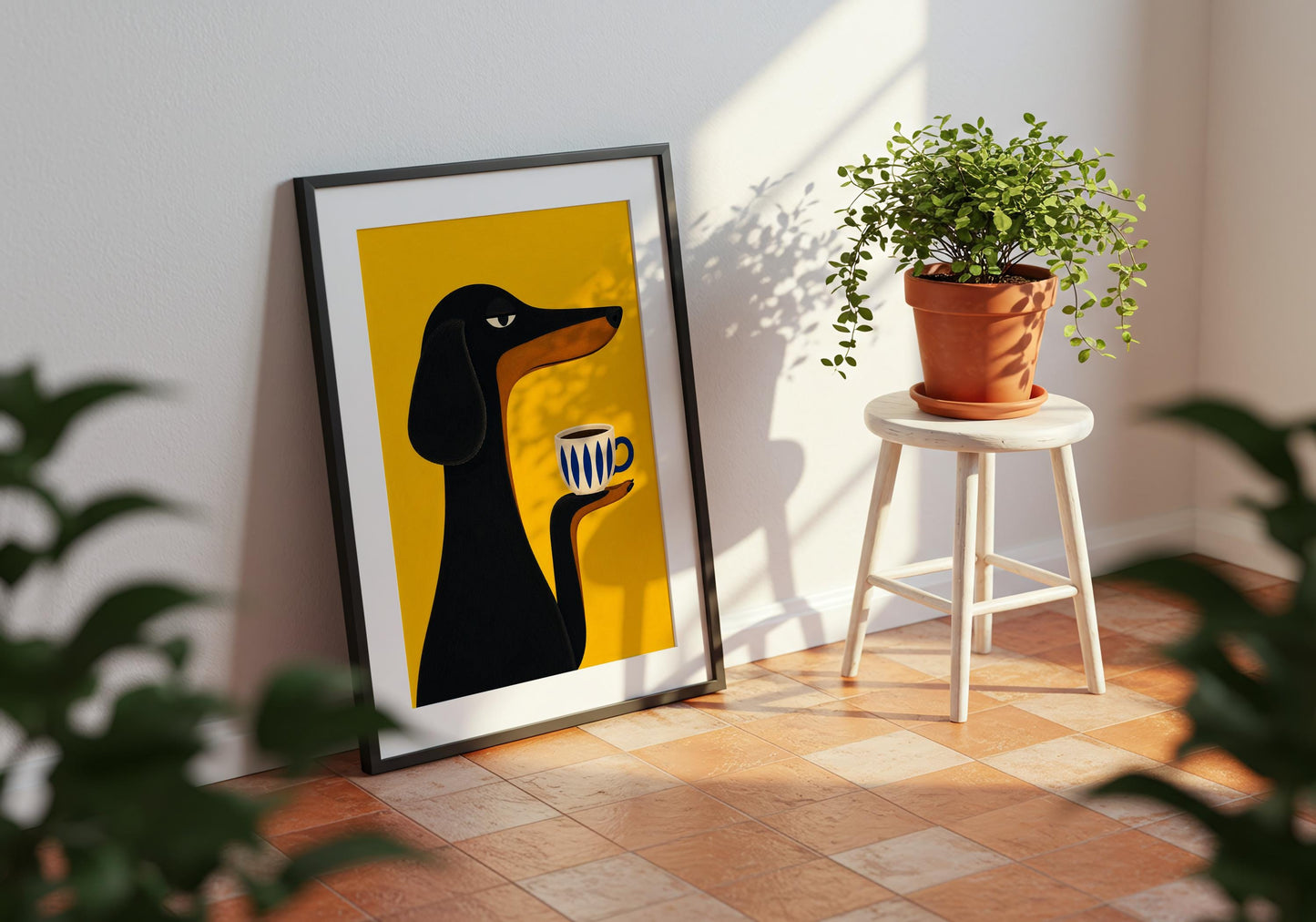 Cute dachshund art print for kitchen walls, breakfast nooks and modern gallery wall collections