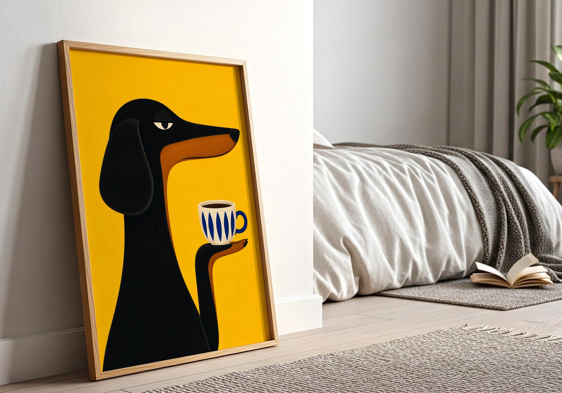 Funny dachshund coffee print for modern kitchens, coffee stations and Scandinavian home décor.