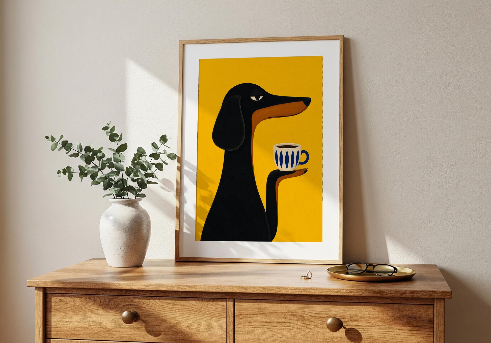 Contemporary sausage dog illustration with coffee mug, perfect for coffee lovers and dog owners.