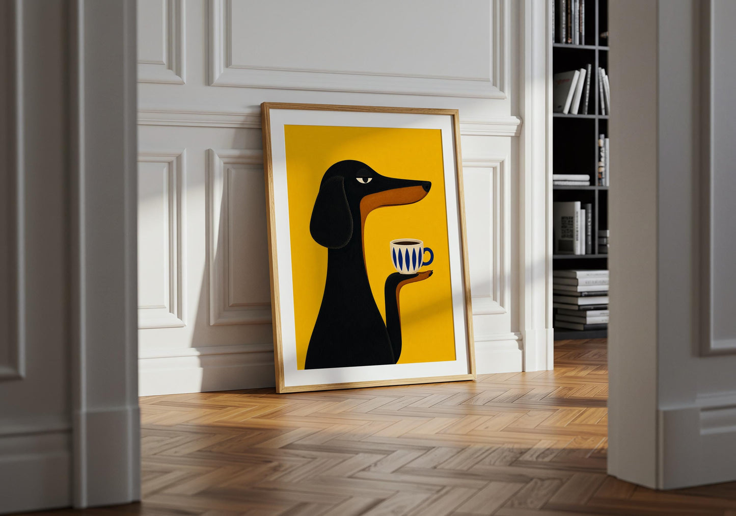 Stylish minimalist pet wall art with sausage dog illustration, coffee theme and bold modern colours.