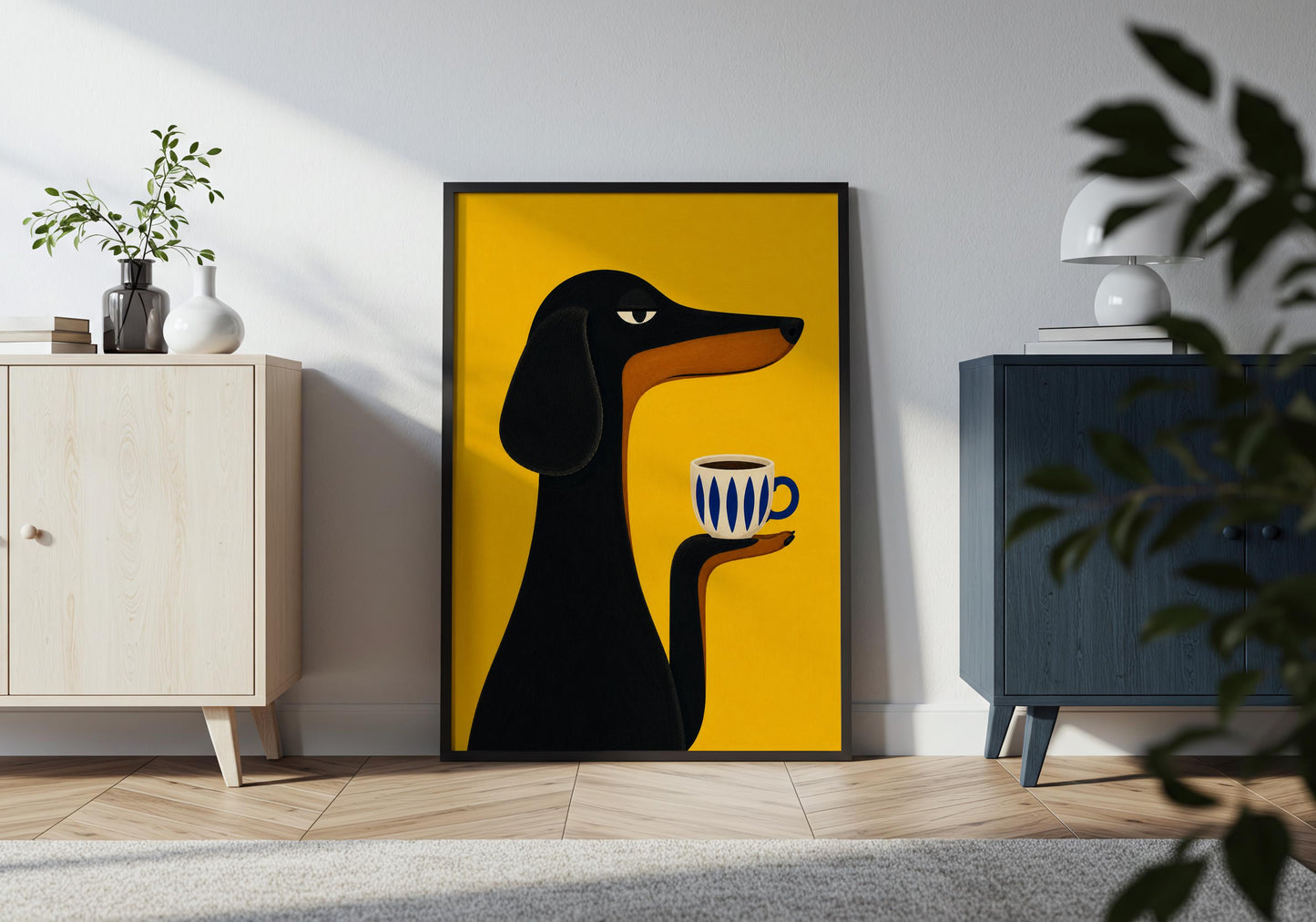 Quirky dog lover gift featuring a black dachshund holding a patterned coffee cup in contemporary artwork.