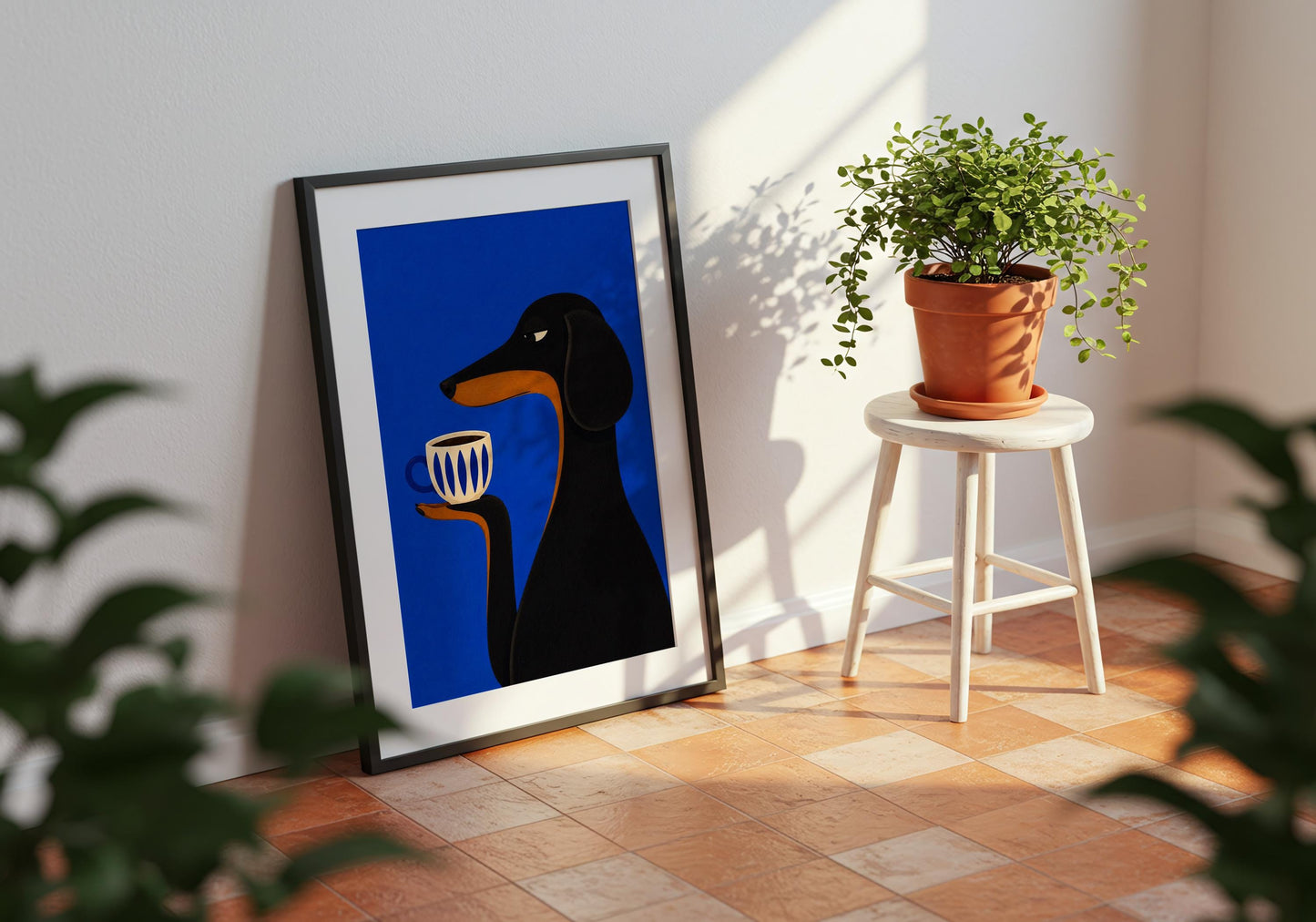 Scandinavian-inspired dog wall art with black dachshund holding a coffee cup in modern blue tones.