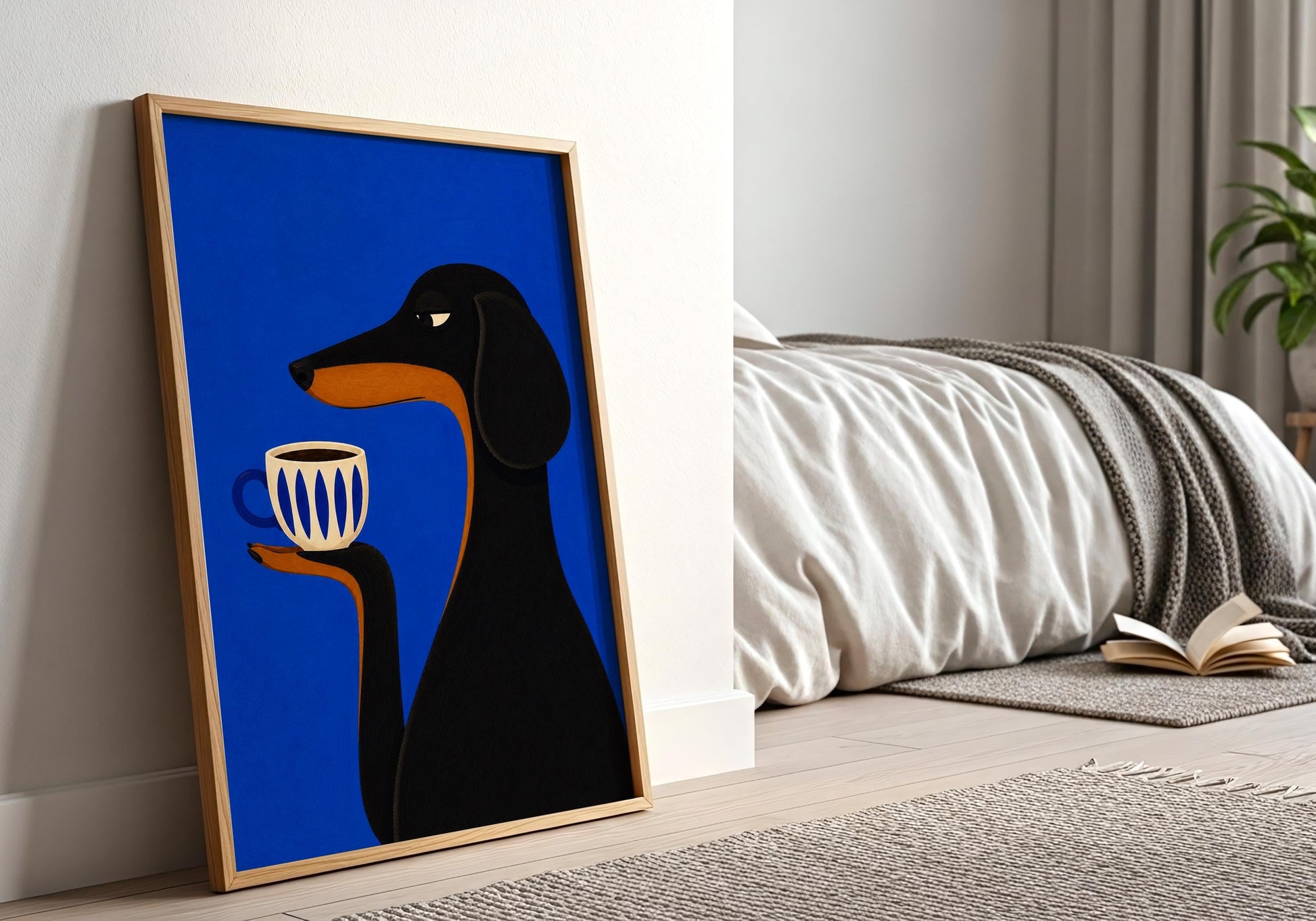 Contemporary dog illustration with coffee cup, ideal for modern home office, living room or Scandinavian interiors.